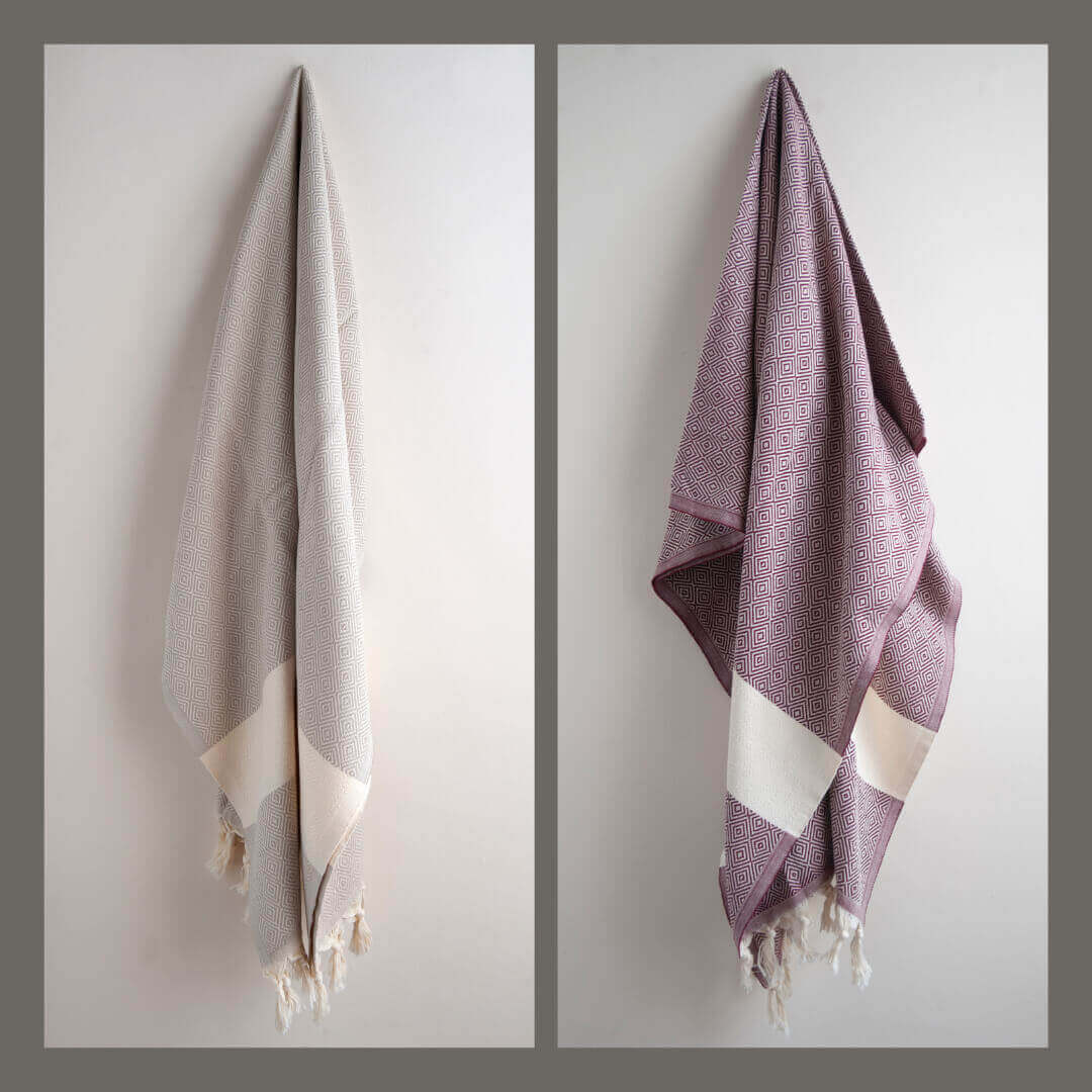 Beige & Ruby Red Diamond Towel - Hamam Square