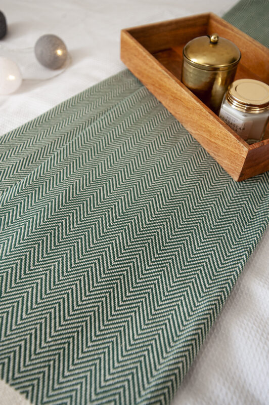 Hamam Square Herringbone Forest Green Blanket Extra Large Double King size bed Cotton